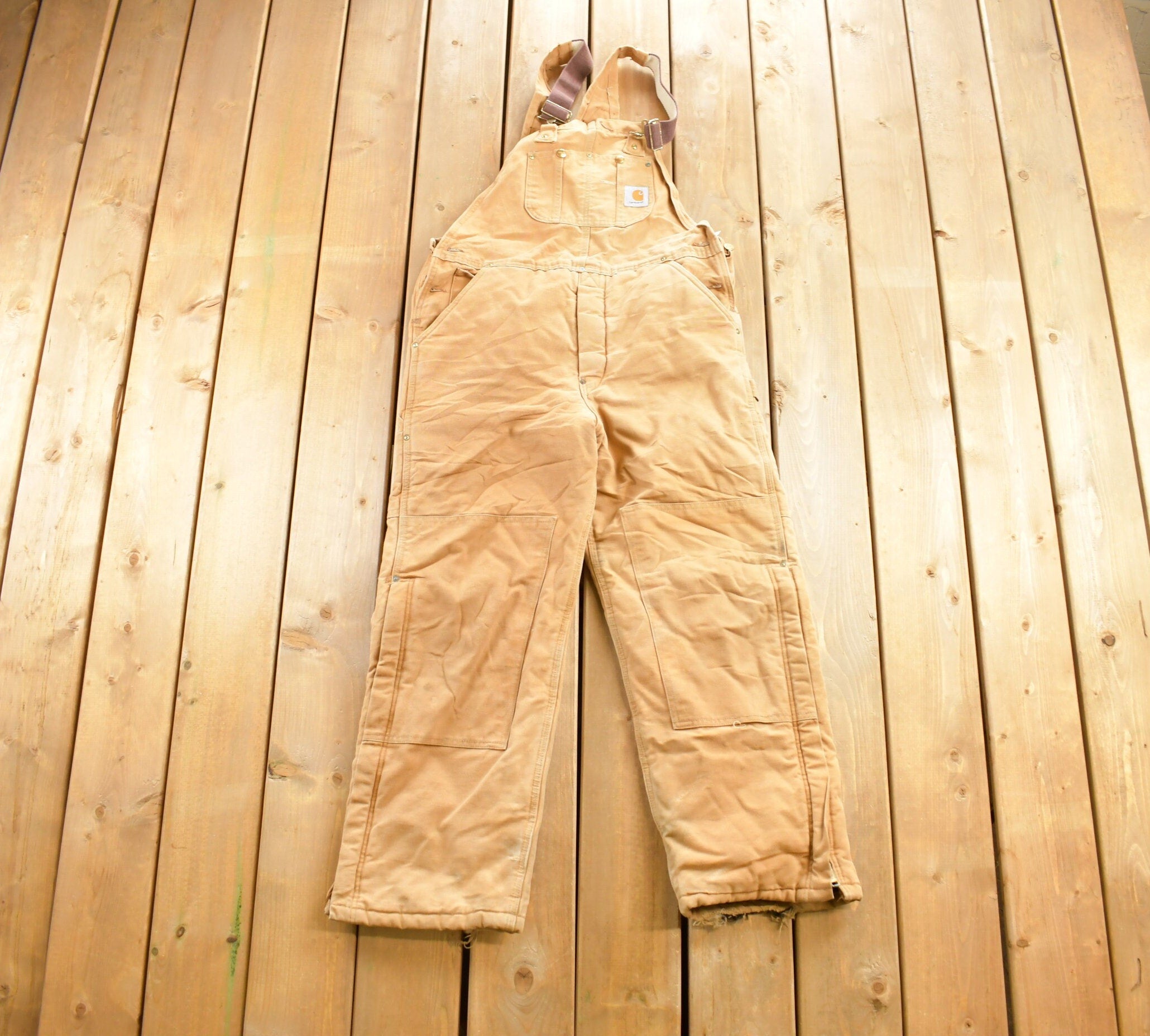 Vintage 1990s Beige Carhartt Double Knee Canvas Overalls Size 34x30