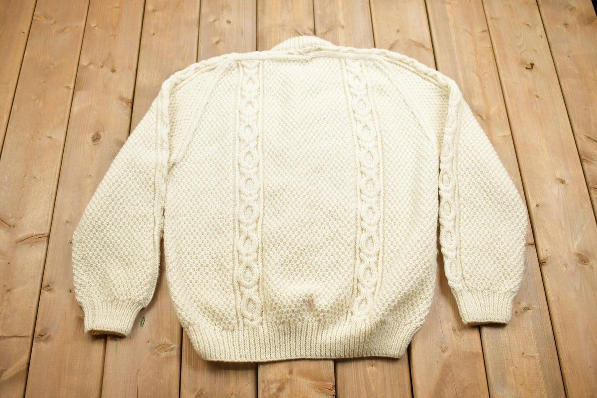 Vintage 1990s 3D Cable Knit Button Up Wool Sweater