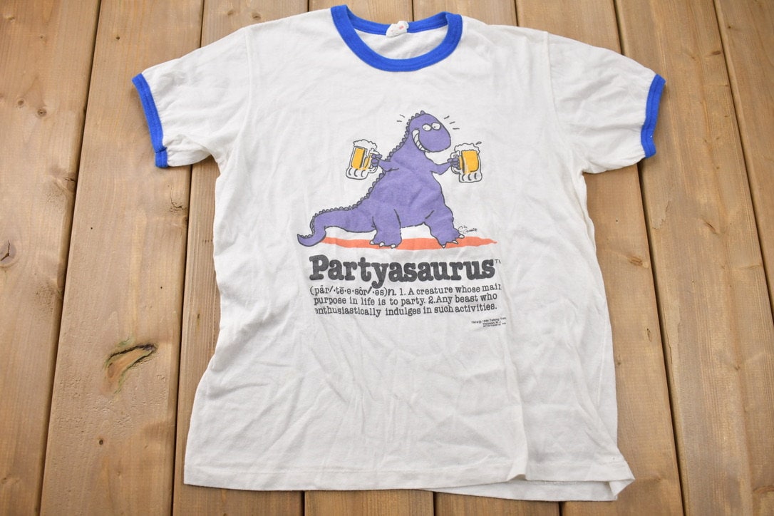 Vintage 1988 Partyasaurus Ringer Graphic T-Shirt / Ringer Tee / Sportswear / Rare 1980s / True Vintage / Made in Canada / Single Stitch