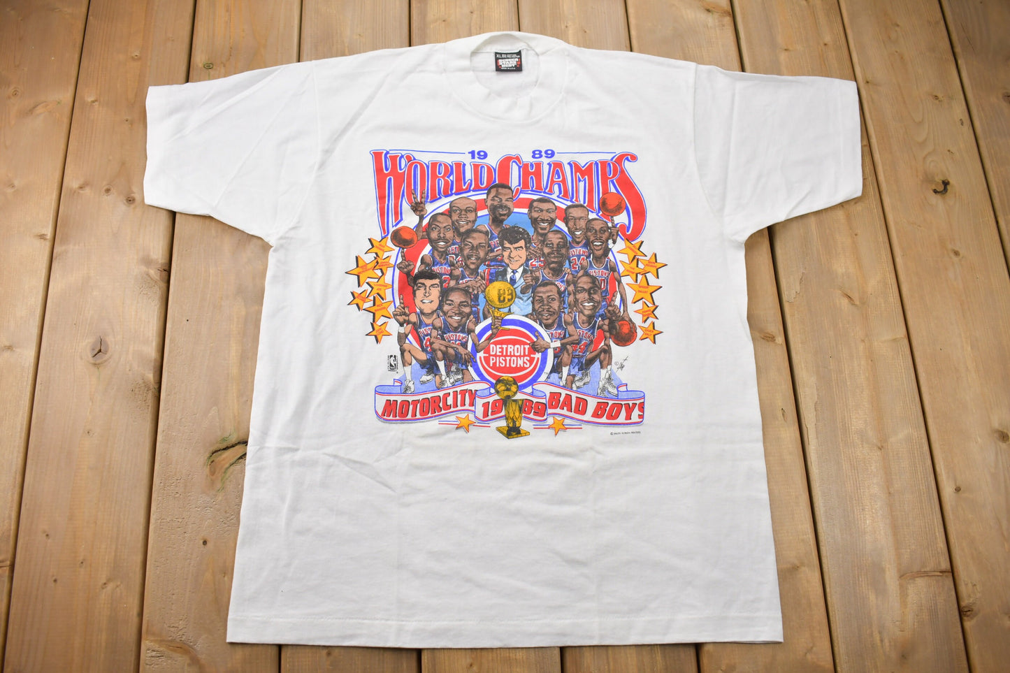 Vintage 1989 Detroit Pistons NBA World Champs Big Head Graphic T-Shirt / Made In USA / Single Stitch / NBA Basketball / Motor City Bad Boys