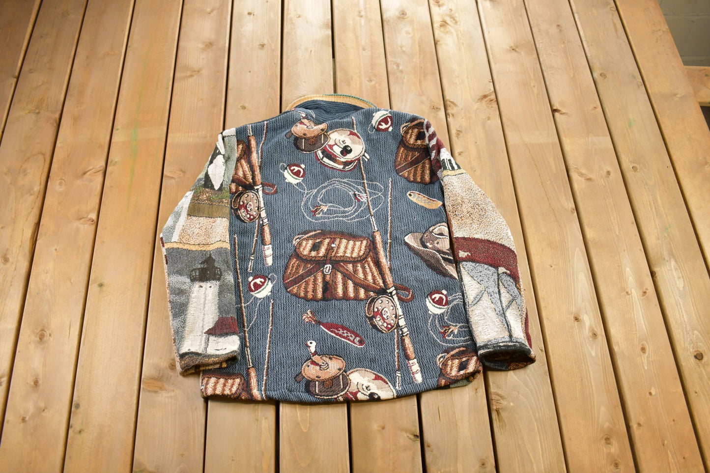 Vintage 1990s Fishing Themed Quilt Jacket / Vintage 90s Zip Up / Abstract Patterns  / Streetwear / Fishing