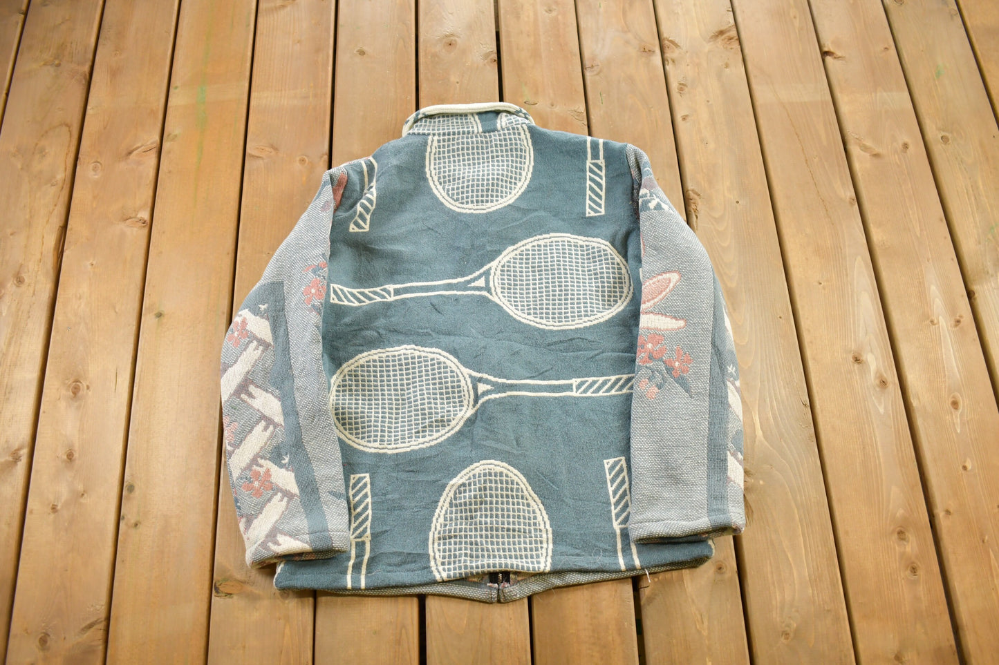 Vintage 1990s Tennis Themed Quilt Jacket / Vintage 90s Zip Up / Abstract Patterns  / Streetwear / Tennis