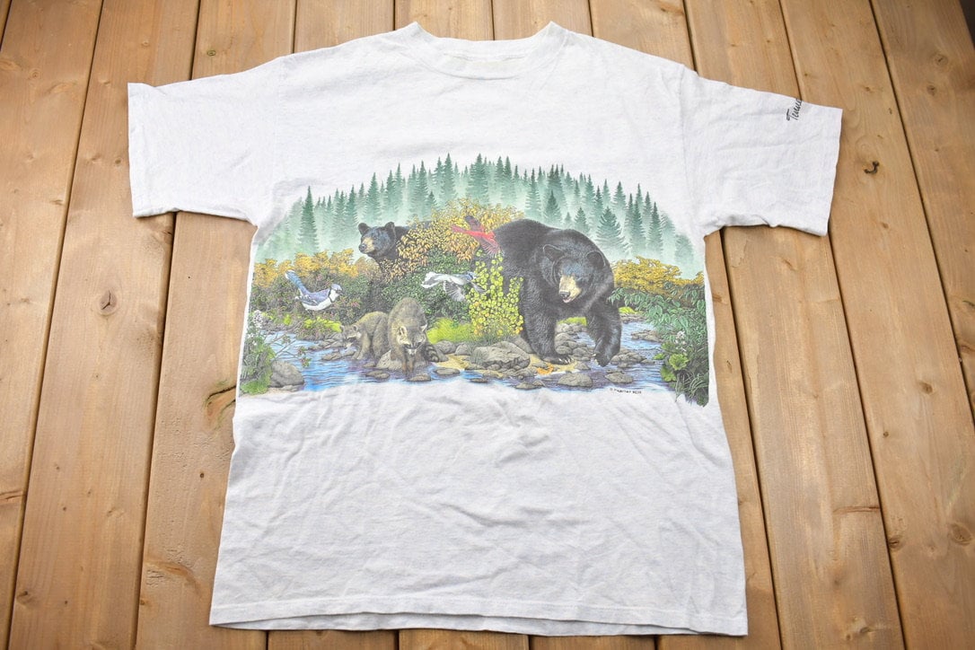 Vintage 1990s Forrest Raccons Black Bears Graphic T-Shirt / Climate Change / Retro Style / Single Stitch / Activist / 90s Graphic Tee