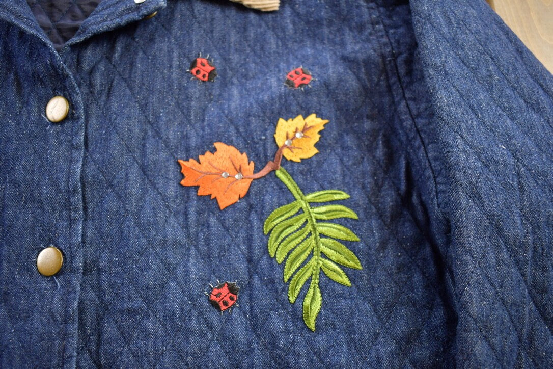 Vintage 1990s Rainbow Embroidered Denim Blazer / Vintage Denim / Corduroy Collar / Vintage Fall Outerwear / Fall Jacket / Jean Blazer