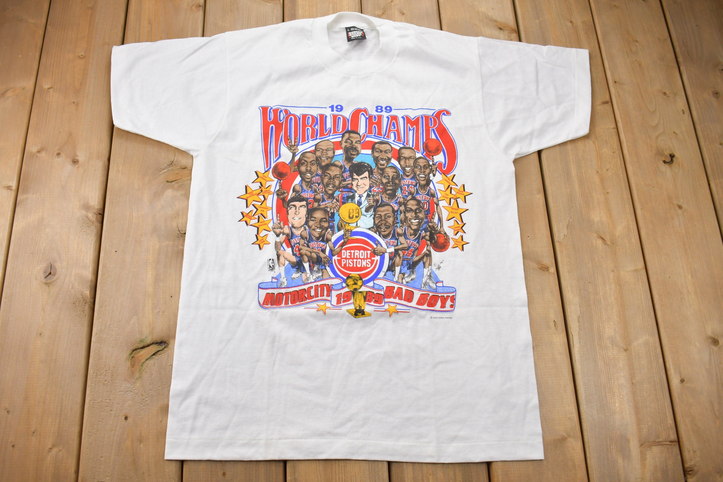 Vintage 1989 Detroit Pistons NBA World Champs Big Head Graphic T-Shirt