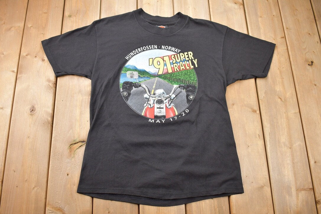 Vintage 1991 Harley Davidson Hunderfossen Norway Super Rally T-Shirt / Single Stitch / Made In USA / Biker Tee / Trucker Tee