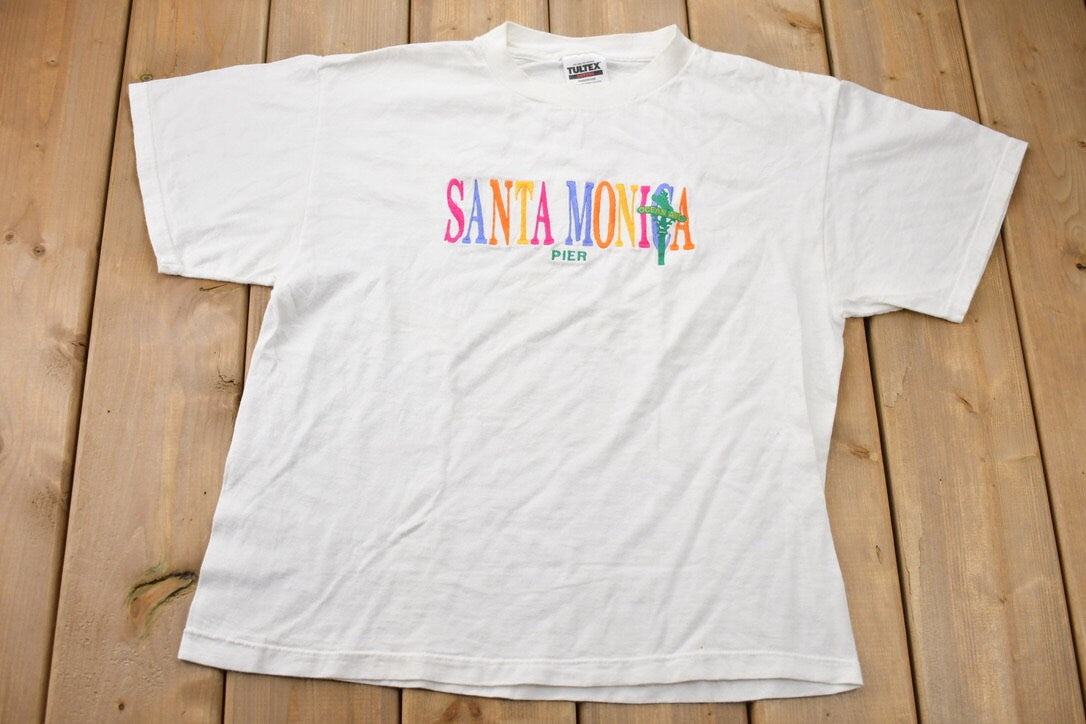 Vintage 1990s Santa Monica Pier Embroidered T-Shirt / 90s / Streetwear Fashion / Tultex Cotton / Vacation Tee / Travel & Tourism