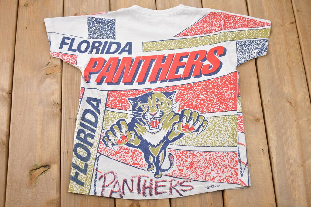 Vintage 1990s Florida Panthers All Over Print NHL Graphic Kids T-Shirt Made In Canada
