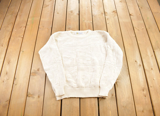 Vintage 1980s American Crew White Cable Knit Crewneck Sweater / Vintage 80s Crewneck / Abstract Patterns  / Streetwear