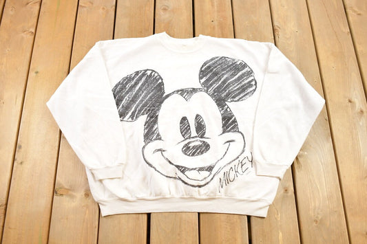 Vintage 1990s Mickey Mouse All Over Print Disney Crewneck / Vintage Sweatshirt / Vintage Disney / Mickey / Black and White / Distressed