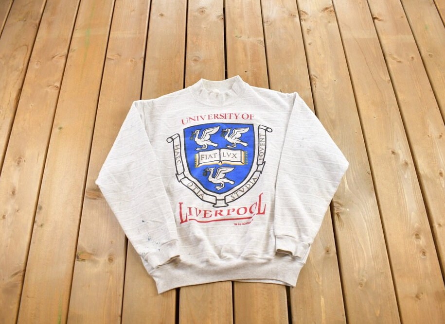 Vintage 1980s University Of Liverpool Striped Crewneck / Campus Clothing / University Sweatshirt / Distressed / United Kingdom/