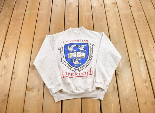 Vintage 1980s University Of Liverpool Striped Crewneck / Campus Clothing / University Sweatshirt / Distressed / United Kingdom/