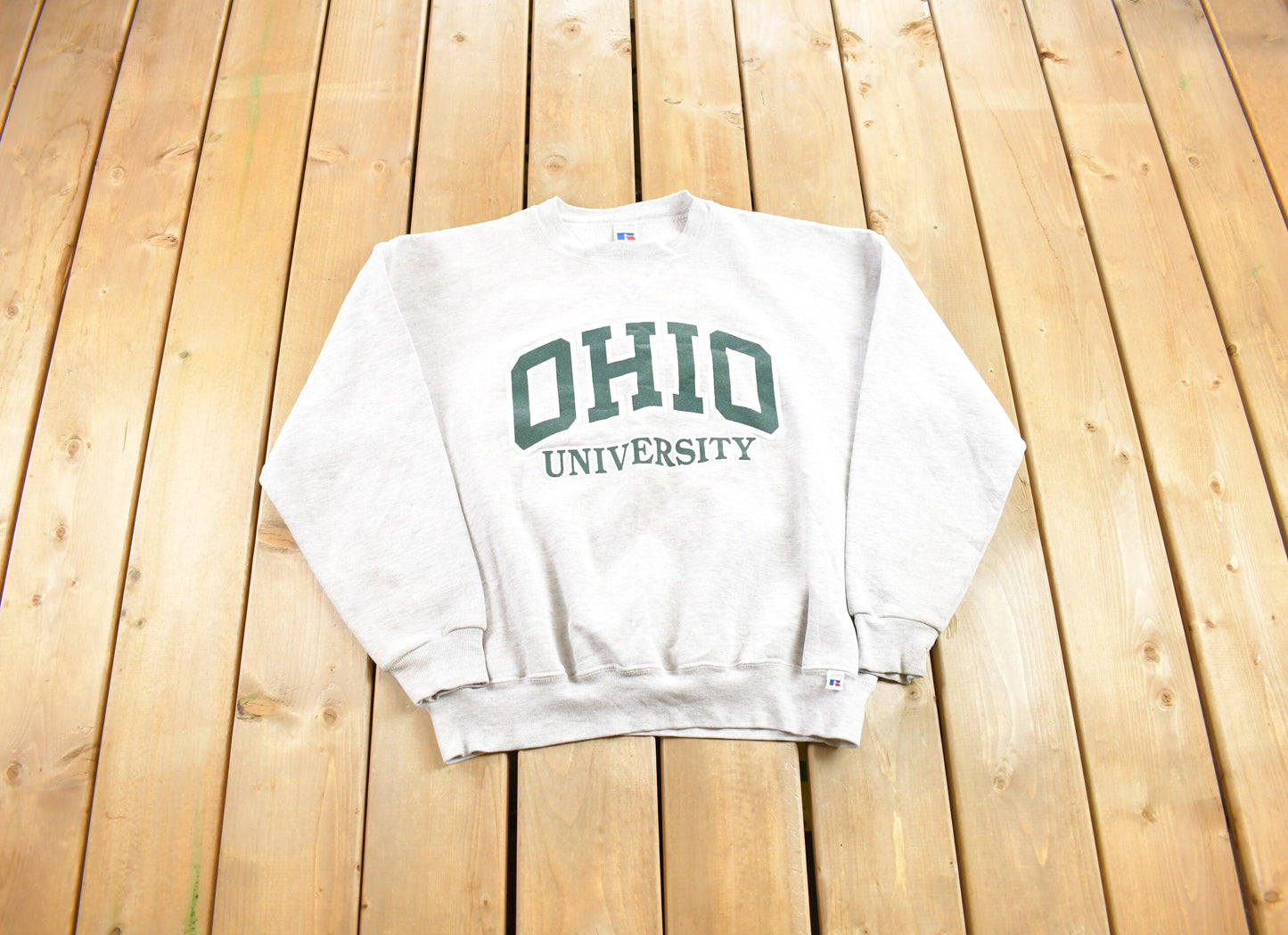 Vintage 1990s Ohio University Crewneck / Embroidered / Russell Athletic  Sweatshirt / Sportswear / Americana / NCAA / Distressed