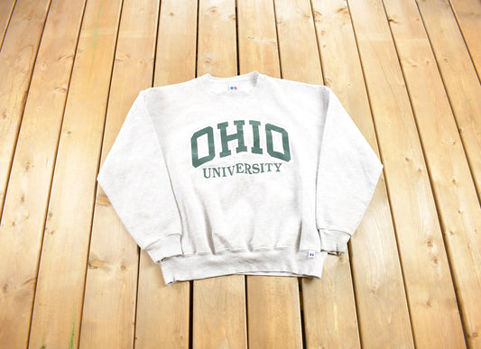 Vintage 1990s Ohio University Crewneck / Embroidered / Russell Athletic  Sweatshirt / Sportswear / Americana / NCAA / Distressed