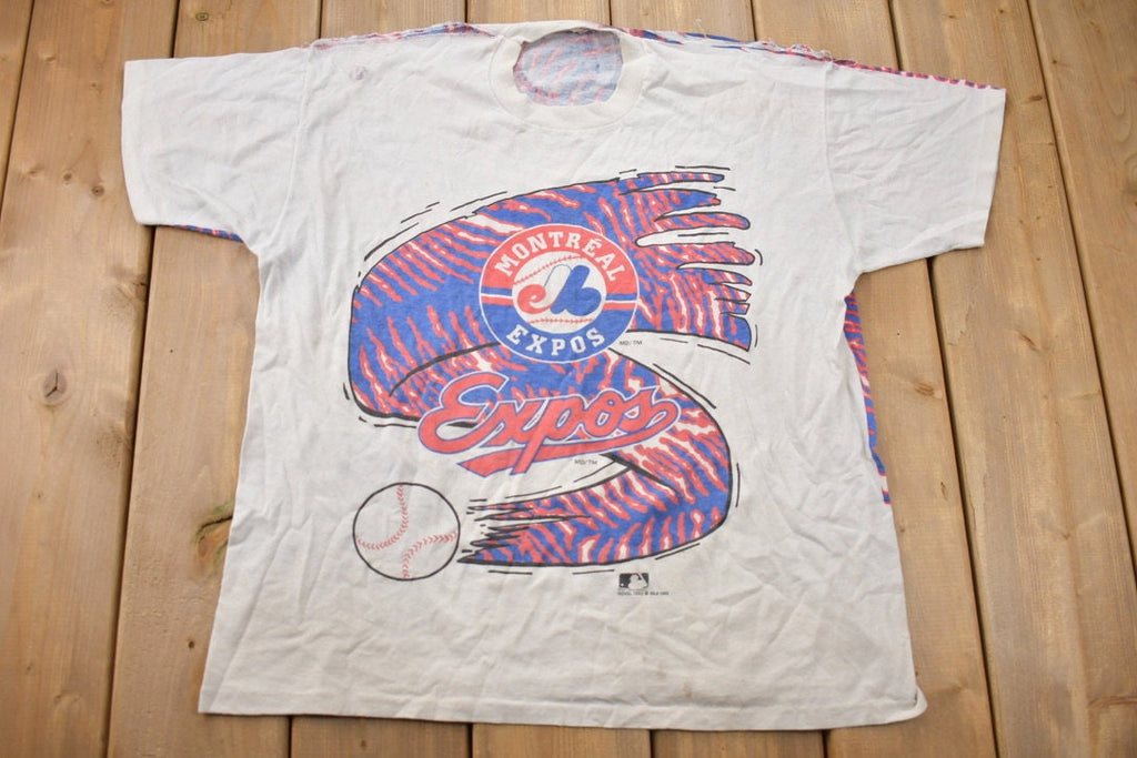 Vintage 1993 Montreal Expos MLB All Over Print Novel Teez Graphic T Shirt 1990s MLB Single Stitch