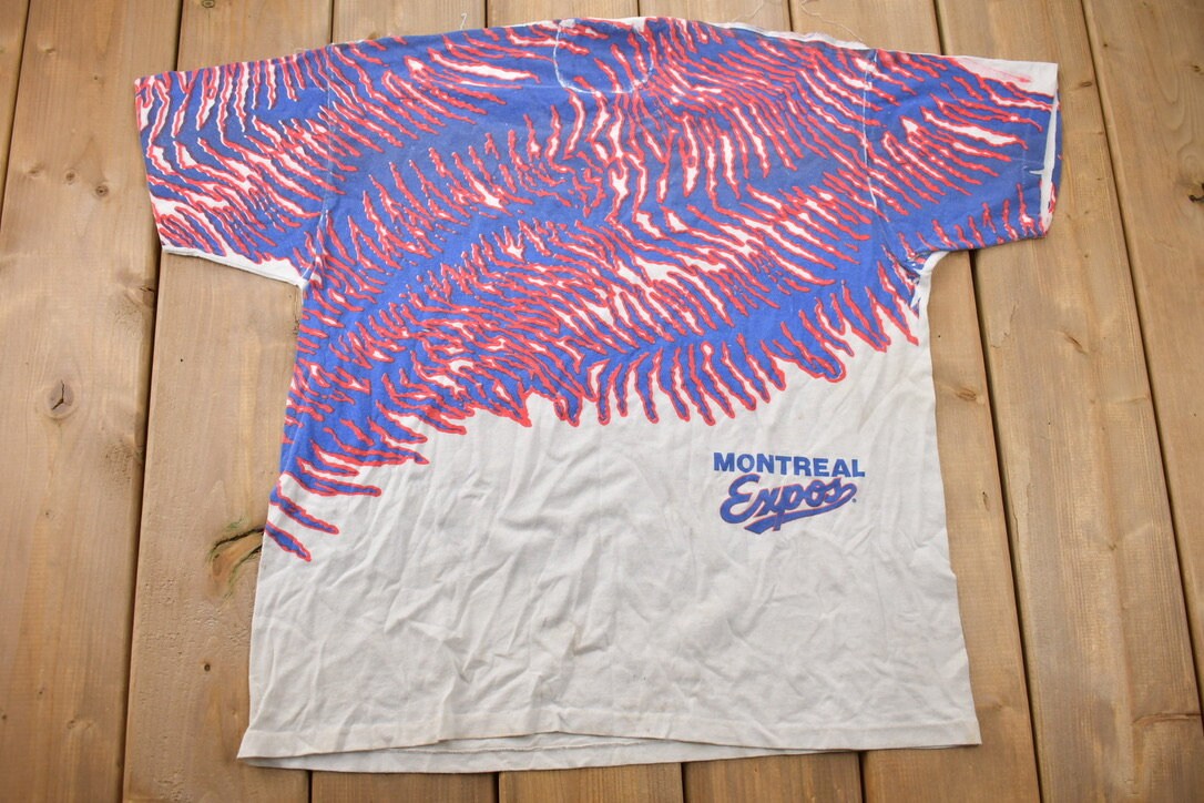 Vintage 1993 Montreal Expos MLB All Over Print Novel Teez Graphic T Shirt 1990s MLB Single Stitch