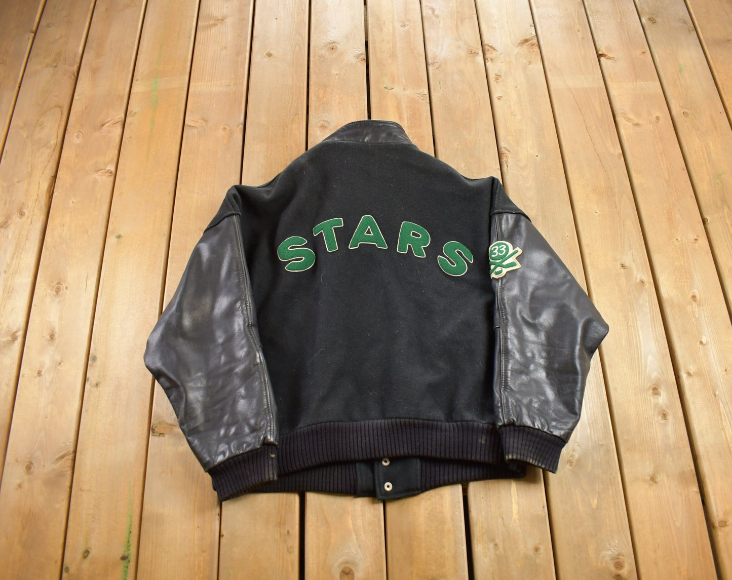 Vintage 1990s Stars Hockey Leather Letterman Varsity Jacket / Patchwork / Streetwear / Embroidered / Black on Black