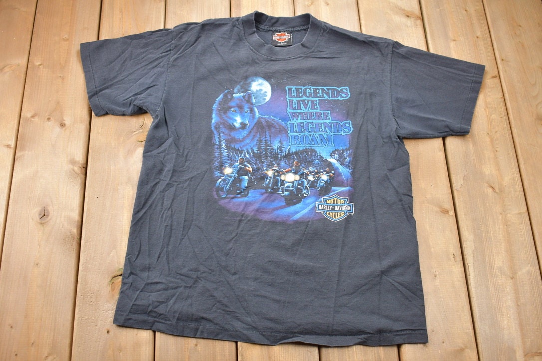 Vintage 1995 Harley Davidson Wolves Legends Live Where Legends Roam Graphic T-Shirt / Single Stitch / Made In USA / Biker Tee /