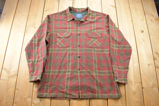 Vintage Y2K Pendleton Plaid Button Up Board Shirt Jac / 100% Virgin Wool / Loop Button / Outdoor / Made In USA / Flannel