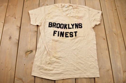 Vintage 1980s Brooklyns Finest Flock Print T-Shirt / Streetwear / Vintage Distressing / Retro Style / Single Stitch / 80s Basic Tee