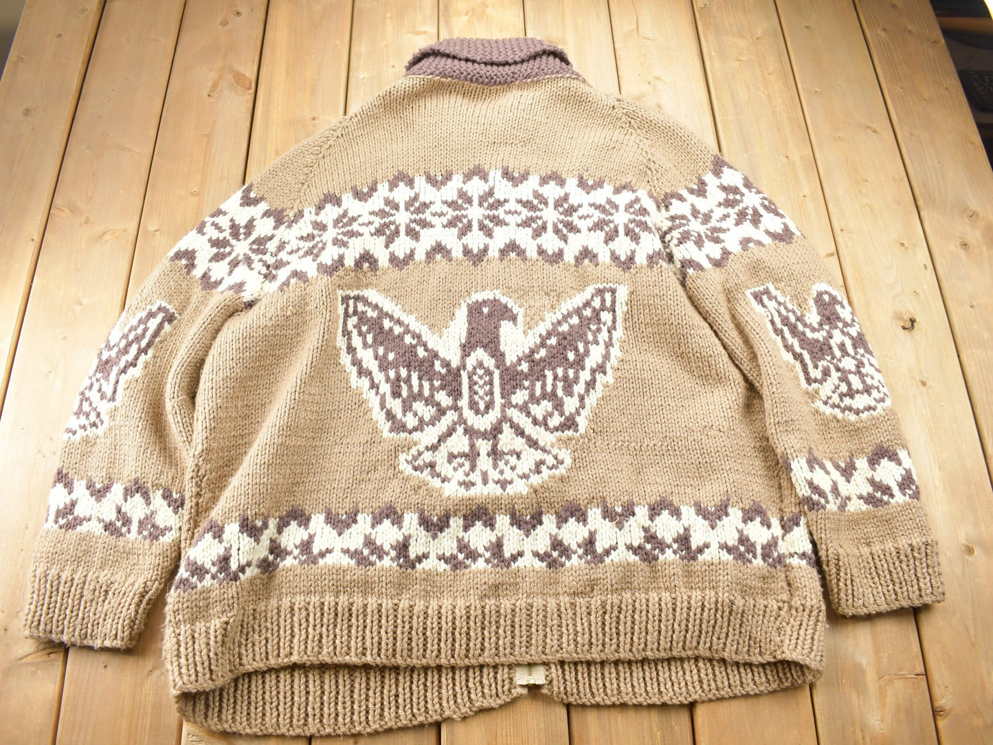 Vintage 1980s Cowichan Shall Collar Knit Eagle Sweater / True Vintage / Abstract Patterns / 1980s Sweater / Hand Knit / 3XL