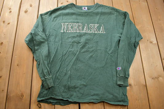 Vintage 1990s Nebraska Champion Souvenir Long Sleeve T Shirt / Farm Theme Graphic Tee / Wilderness / Outdoors / Forest Green