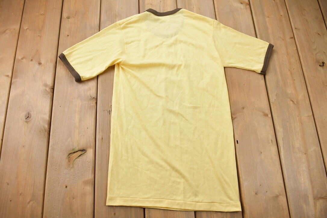 Vintage 1970s Stanfield's Yellow Brown Ringer Blank T-Shirt / 70s / Streetwear / Retro Style / Single Stitch / Made In Canada / White Tee