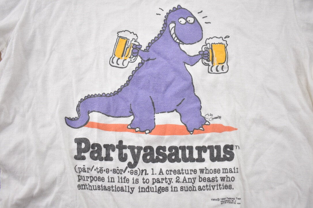 Vintage 1988 Partyasaurus Ringer Graphic T-Shirt / Ringer Tee / Sportswear / Rare 1980s / True Vintage / Made in Canada / Single Stitch