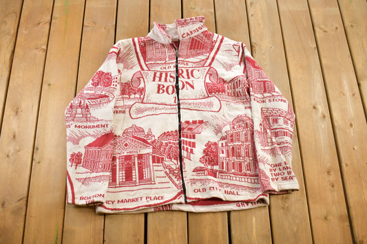 Vintage 1990s Massachusetts Themed  Vintage Quilt Jacket / All Over Print / Abstract Patterns  / Streetwear / Zip Up