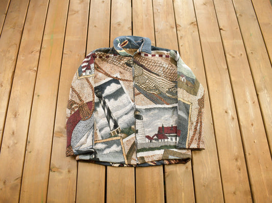 Vintage 1990s Fishing Themed Quilt Jacket / Vintage 90s Zip Up / Abstract Patterns  / Streetwear / Fishing