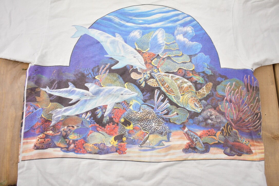 Vintage 1990s Dolphins Turtle Sea Fish Theme Graphic T-Shirt / Vacation T Shirt / Streetwear / Nature T Shirt / Outdoorsman