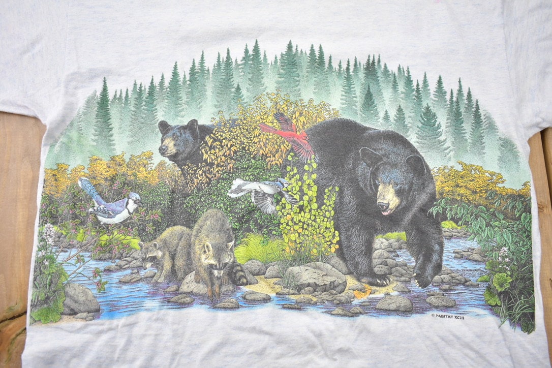 Vintage 1990s Forrest Raccons Black Bears Graphic T-Shirt / Climate Change / Retro Style / Single Stitch / Activist / 90s Graphic Tee