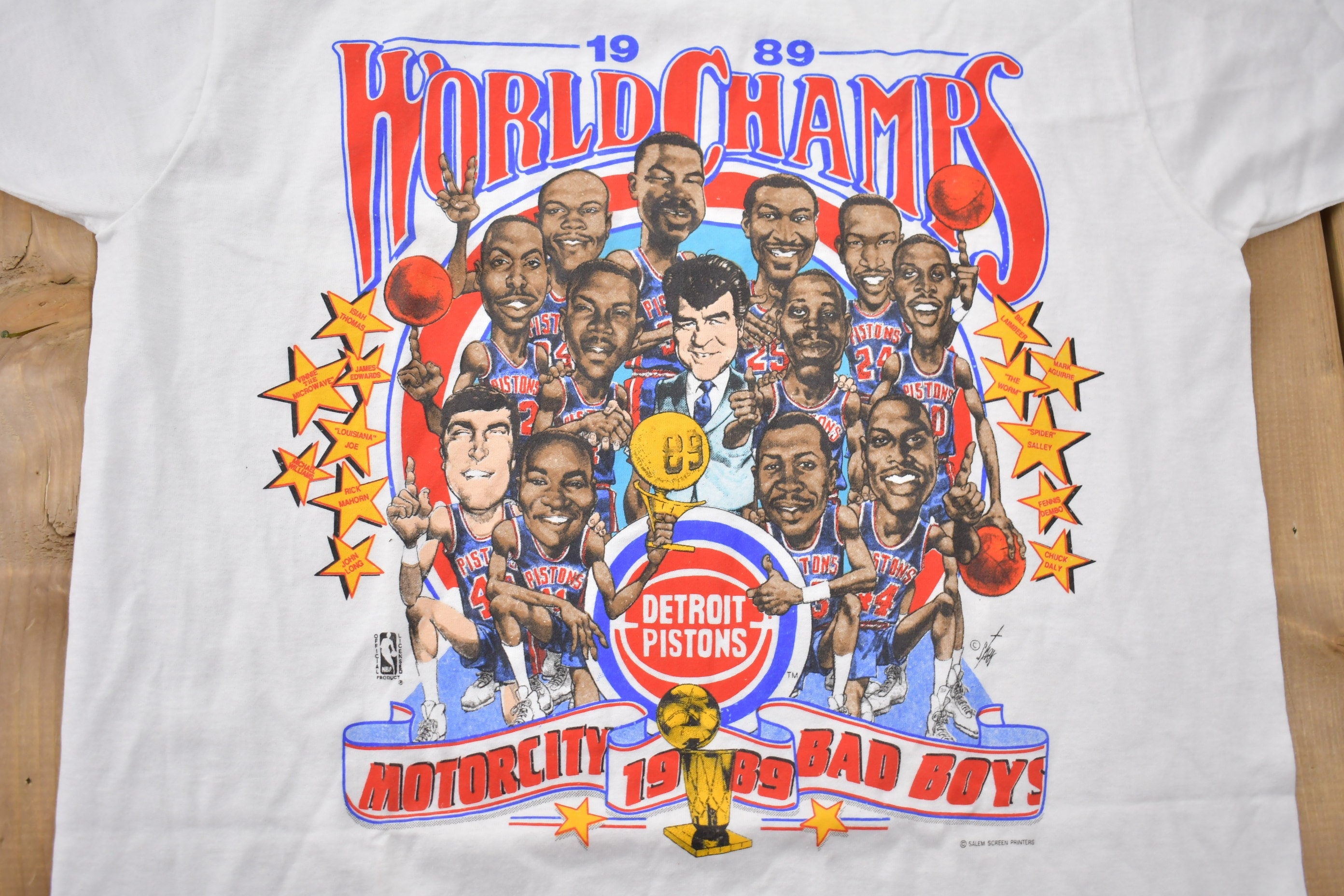 Vintage 1989 Detroit Pistons NBA World Champs Big Head Graphic T-Shirt
