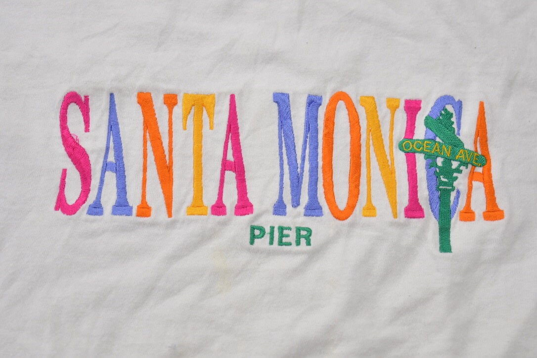 Vintage 1990s Santa Monica Pier Embroidered T-Shirt / 90s / Streetwear Fashion / Tultex Cotton / Vacation Tee / Travel & Tourism