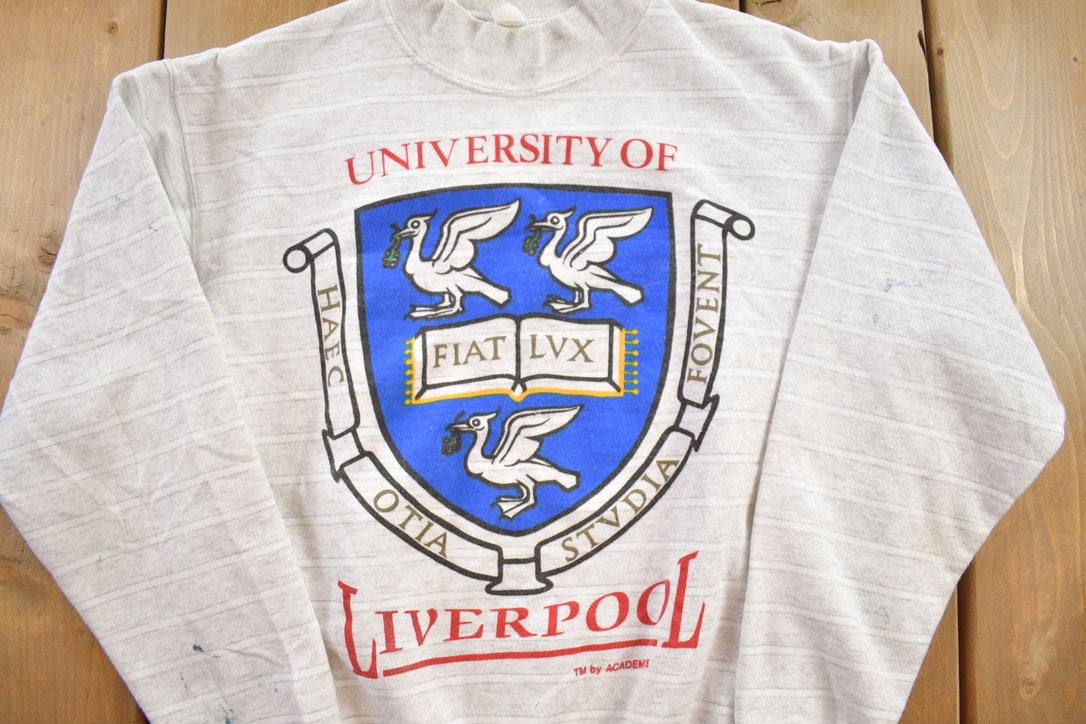 Vintage 1980s University Of Liverpool Striped Crewneck / Campus Clothing / University Sweatshirt / Distressed / United Kingdom/