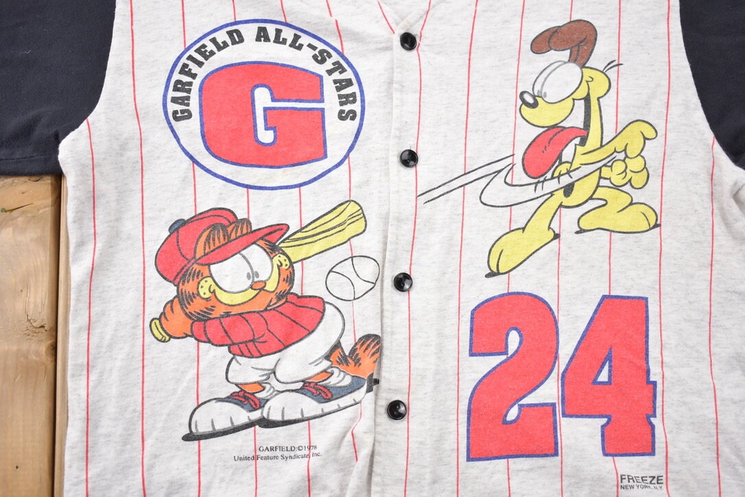 Vintage 1990s Garfield All Stars Baseball Jersey Graphic T-Shirt / 90s Graphic Tee / TV Promo T Shirt / Vintage Garfield / 90s Baseball