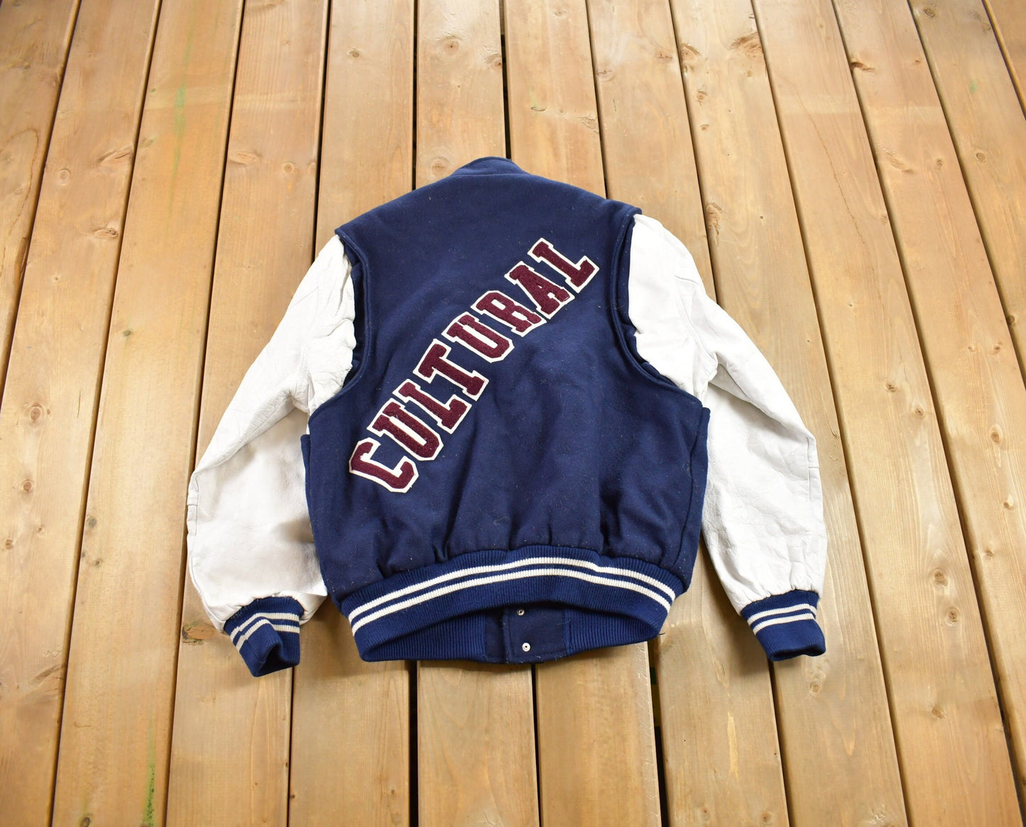 Vintage 1980s Cultural Leather Letterman Varsity Jacket / Patchwork / Streetwear / Two Tone / Patchwork / Embroidered