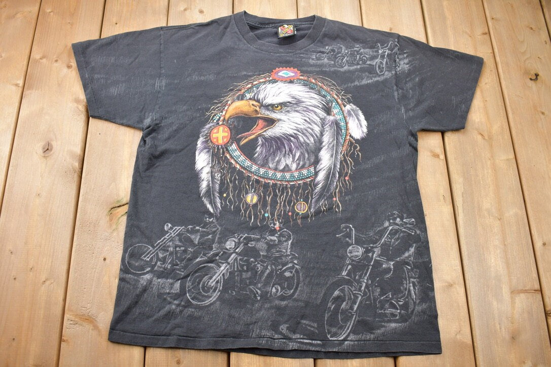 Vintage 1995 3D Emblem Sturgis Black Hills Rally Motorcycles All Over Print T-Shirt / Single Stitch / Made In USA / Biker / Souvenir T Shirt