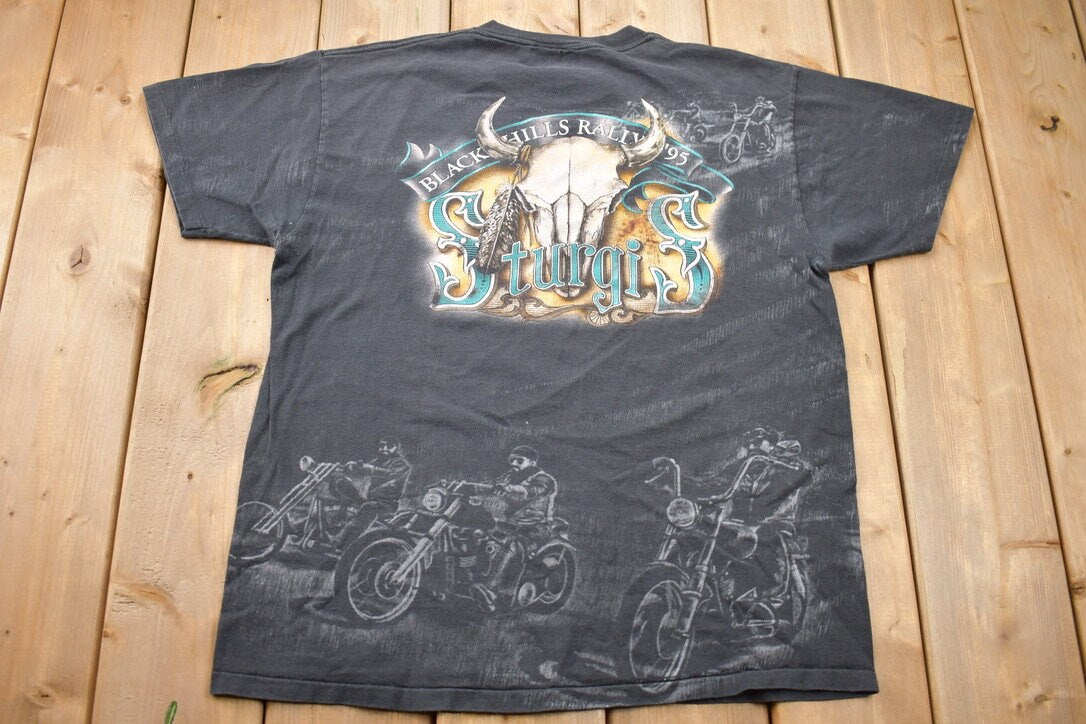 Vintage 1995 3D Emblem Sturgis Black Hills Rally Motorcycles All Over Print T-Shirt / Single Stitch / Made In USA / Biker / Souvenir T Shirt