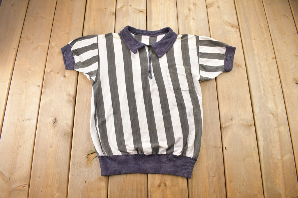 Vintage 1950s Vertical Striped Short Sleeve Quarter Zip Sweater