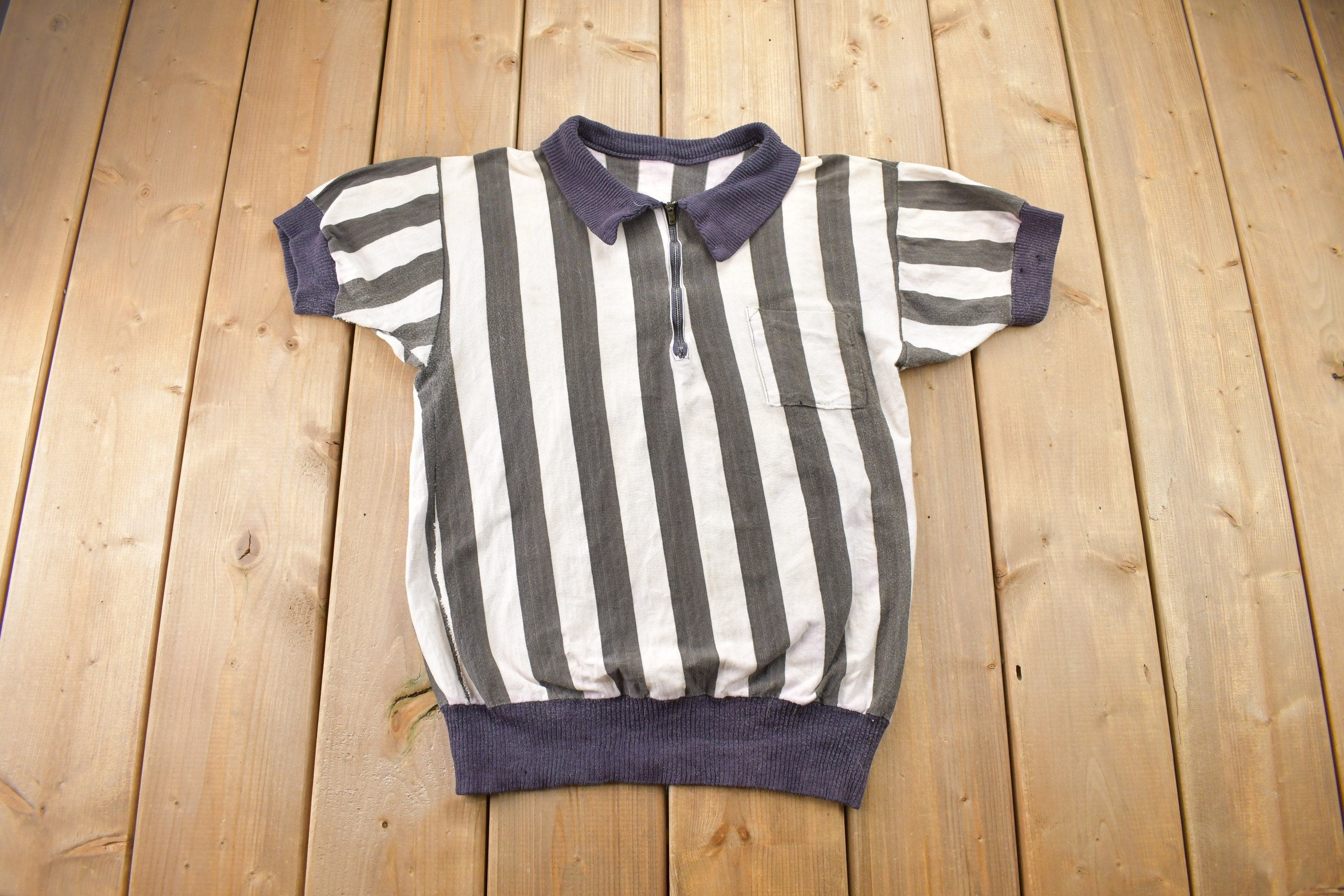 Vintage 1950s Vertical Striped Short Sleeve Quarter Zip Sweater