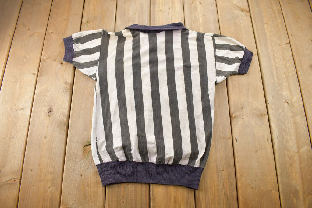 Vintage 1950s Vertical Striped Short Sleeve Quarter Zip Sweater