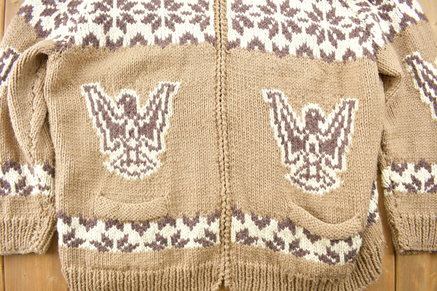 Vintage 1980s Cowichan Shall Collar Knit Eagle Sweater / True Vintage / Abstract Patterns / 1980s Sweater / Hand Knit / 3XL