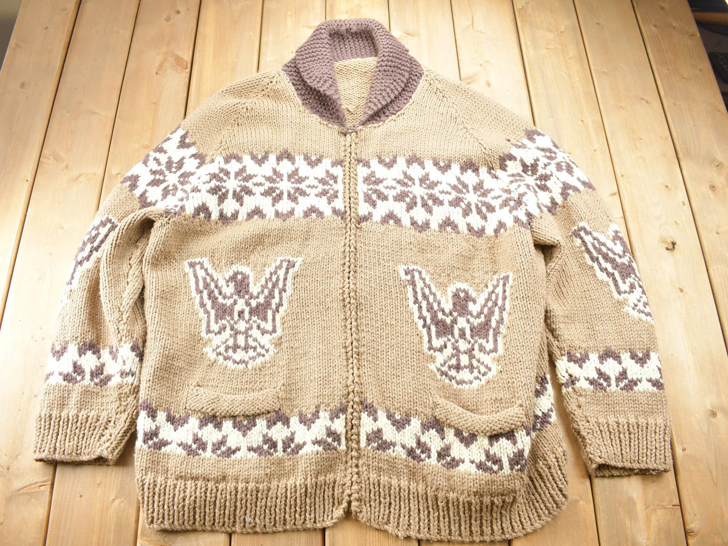 Vintage 1980s Cowichan Shall Collar Knit Eagle Sweater / True Vintage / Abstract Patterns / 1980s Sweater / Hand Knit / 3XL