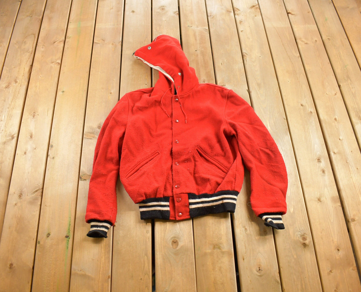 Vintage 1980s DeLong Sportswear Wool Jacket/ 80s Fashion/ Snap Button / Warm Jacket / Red Wool / Distressed