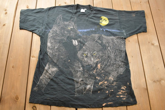 Vintage 1990s Wolf Theme All Over Print Graphic T-Shirt / Made In USA / Art Unlimited / Streetwear / Nature / Outdoorsman / Distressed