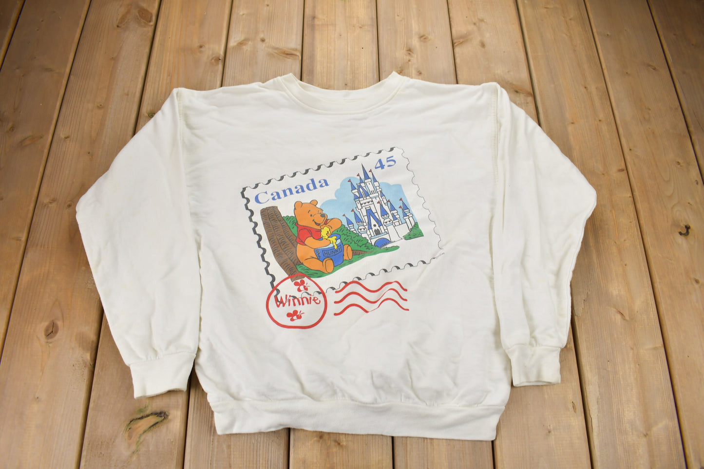 Vintage 1990s Winnie The Pooh Canada Post Card Crewneck Sweater / Vintage Disney / Made In Canada / Vintage Cartoons