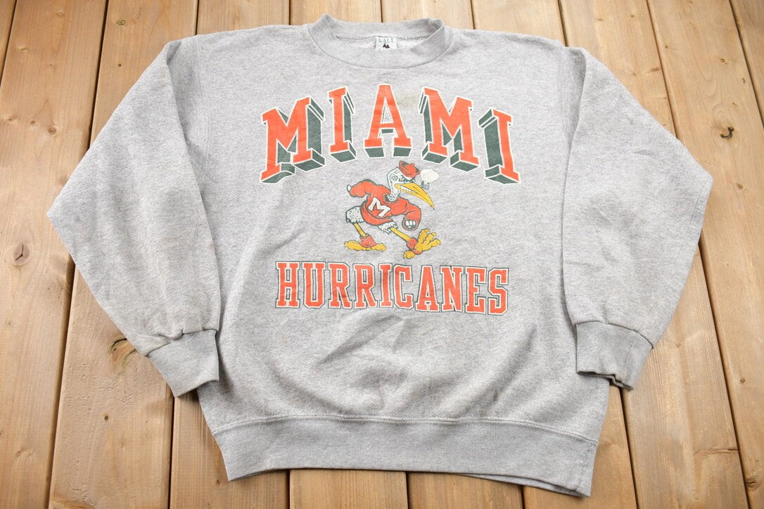 Vintage 1990s University of Miami Hurricanes Grey Collegiate Crewneck / Embroidered / NCAA Sweatshirt / Sportswear / Americana / Made in USA