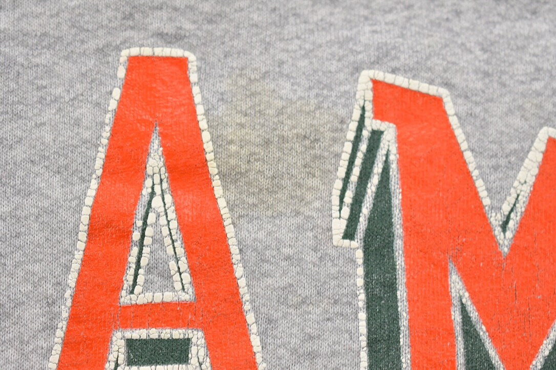 Vintage 1990s University of Miami Hurricanes Grey Collegiate Crewneck / Embroidered / NCAA Sweatshirt / Sportswear / Americana / Made in USA