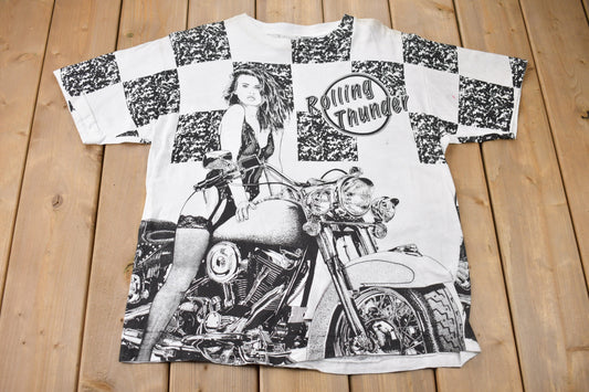 Vintage 1990s Motorcycle Chick Graphic T Shirt / Vintage T Shirt / Streetwear / Graphic Tee / Single Stitch / All Over Print